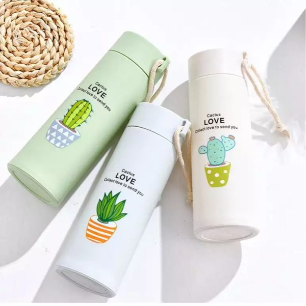 Cactus Love Print Style Glass Water Bottle – 400ml (random Color)